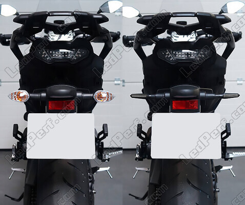 Comparativo antes e depois da instalação Piscas LED dinâmicos + luzes de stop para Aprilia Mana 850 GT