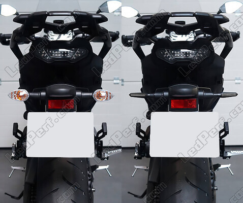 Comparativo antes e depois da instalação Piscas LED dinâmicos + luzes de stop para Kawasaki Vulcan S 650